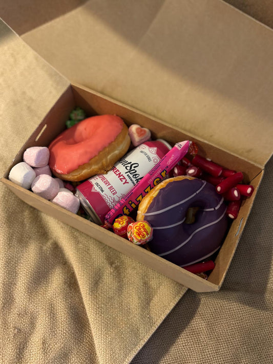 Donut Bouquet Canberra Berry Beer Box with strawberry and mixed berry donuts, Bentspoke beer, and assorted lollies.