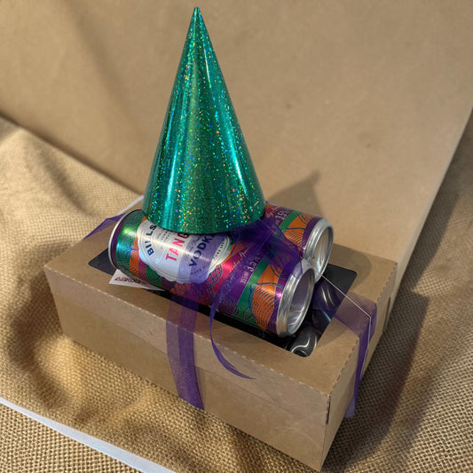 Donut Bouquet Canberra vegan birthday brownie gift box with vodka cans and a green glitter party hat