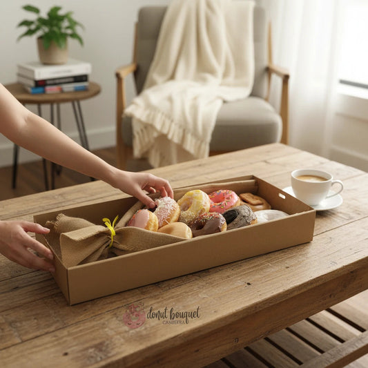 Donut Bouquet Canberra vegan donut bouquet featuring nine assorted XL donuts wrapped in hessian burlap on a table