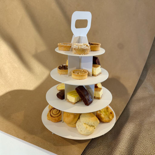 Donut Bouquet Canberra vegan high tea set featuring a tiered white stand filled with assorted gourmet pastries